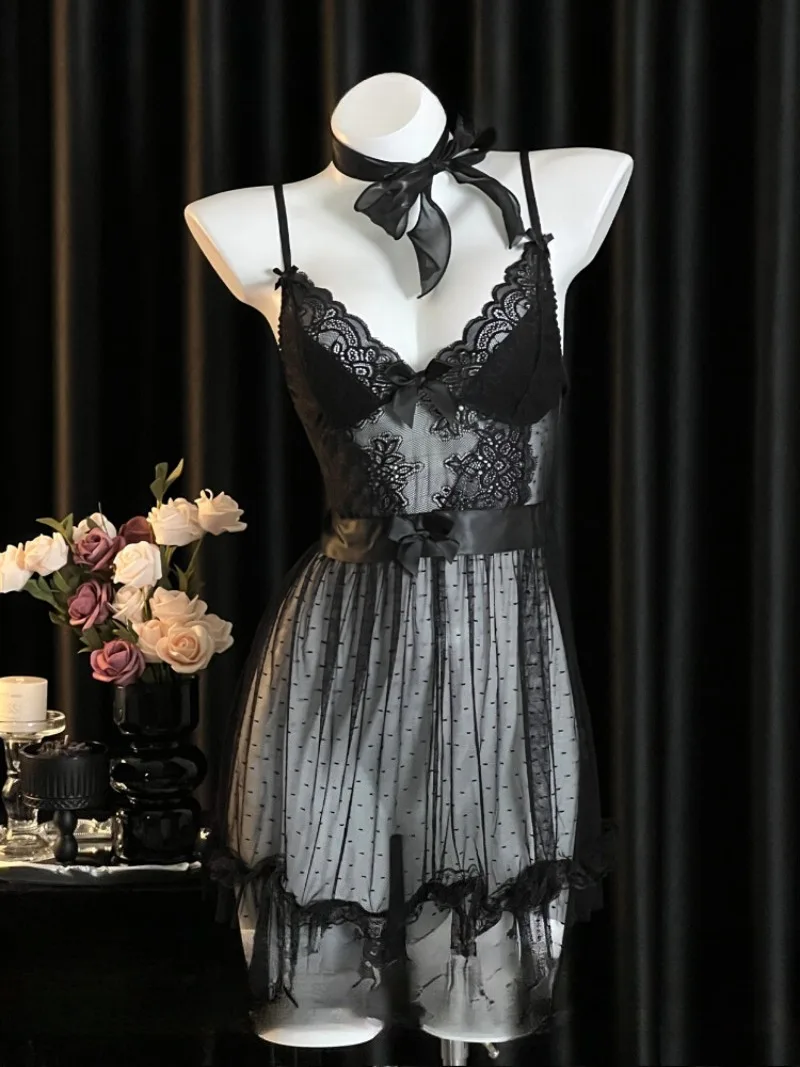 

Mesh Patchwork Lace Halter Dress,Sexy High-End See Through Nightgown for Women,Deep V Slit Bodycon Lingerie,Backless Slim Fit