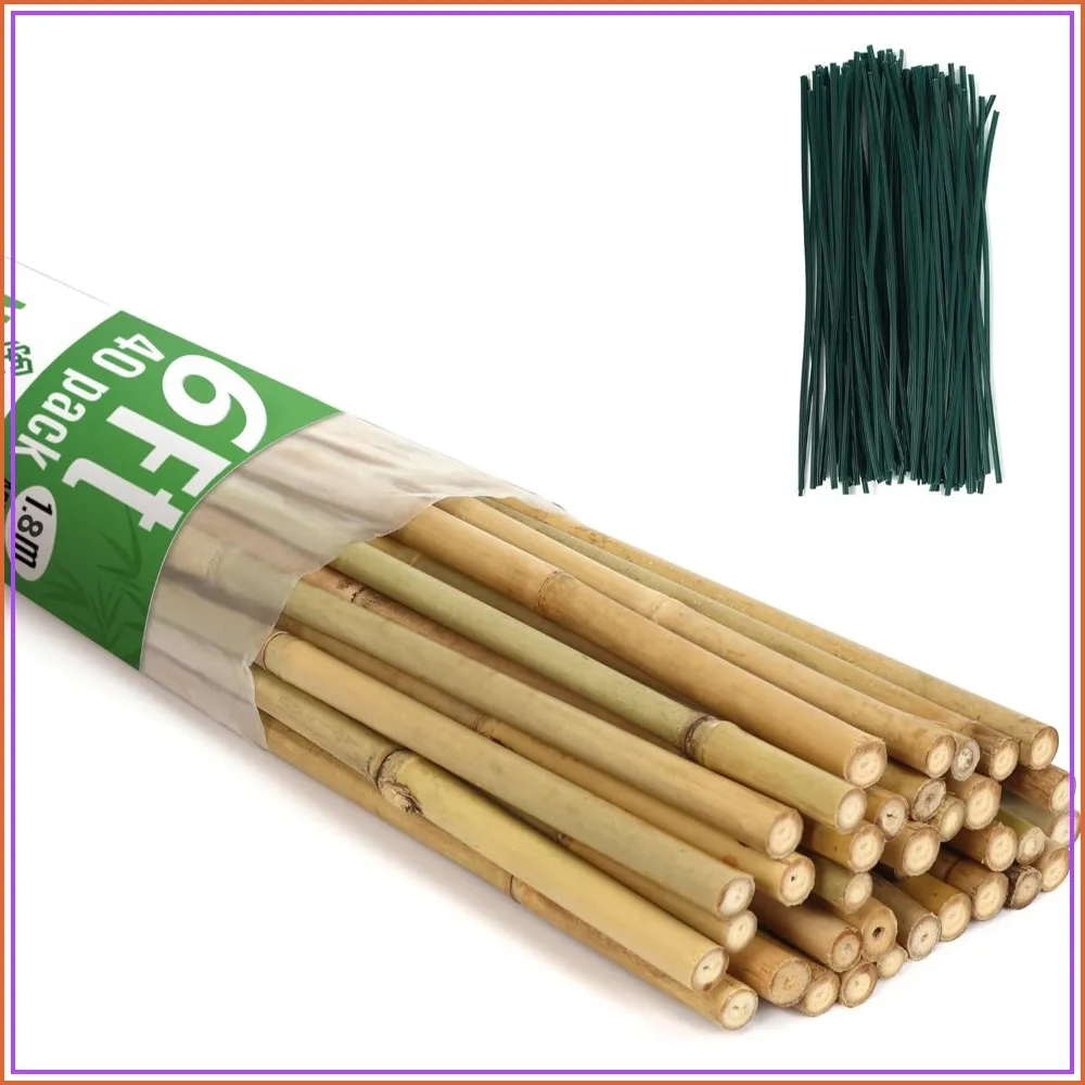 40Pcs 6ft Bamboo Stakes for Plants with 200 Twist Ties, Garden Support Stakes for Tomatoes, Beans, Flowers, Indoor Outdoor Climbing Plants