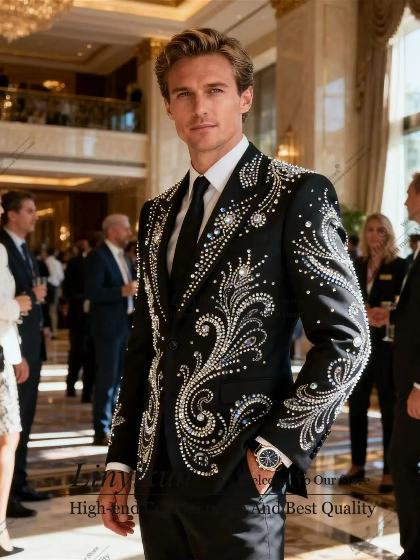 

Elegent Metal Embellished Men Suits 2 Pieces Sets Party Prom Blazer Customized Costume Homme Weddinmg Slim Fit Groom Tuxedos