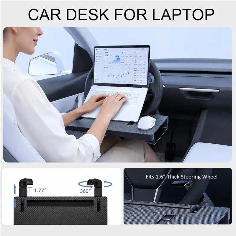 Car Desk With Adjustable Steering Wheel Tray, 2 In 1 Design For Laptop& Eating, Includes Detachable Seat Storage Organizer