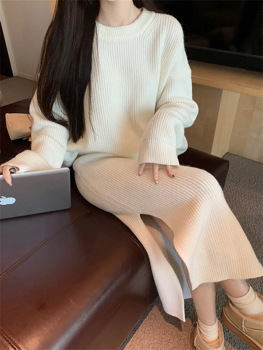 Alien Kitty Minimalist Loose Split Sweaters Women Chic 2024 Split Long Skirts Suits Gentle Spring Office Wear Lady Casual Sets