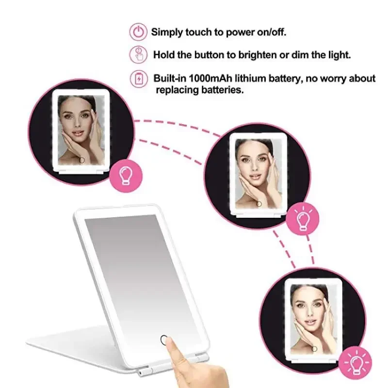 LED Makeup Mirrors Household With Light Portable Folding Desktop Flat Makeup Mirror USB Rechargeable Brightness Adjustment
