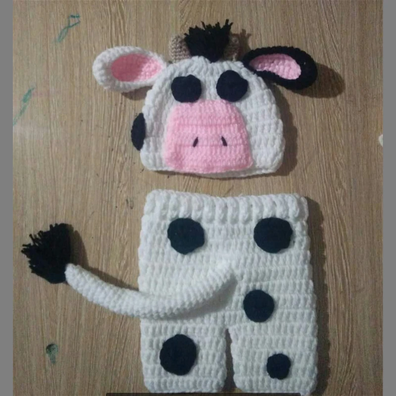 Pure Handmade Baby Photography Prop,Newborn Cartoon Cow Hat and Pants Kintting Newborn Photo Prop Size: 0-1M,3-4M