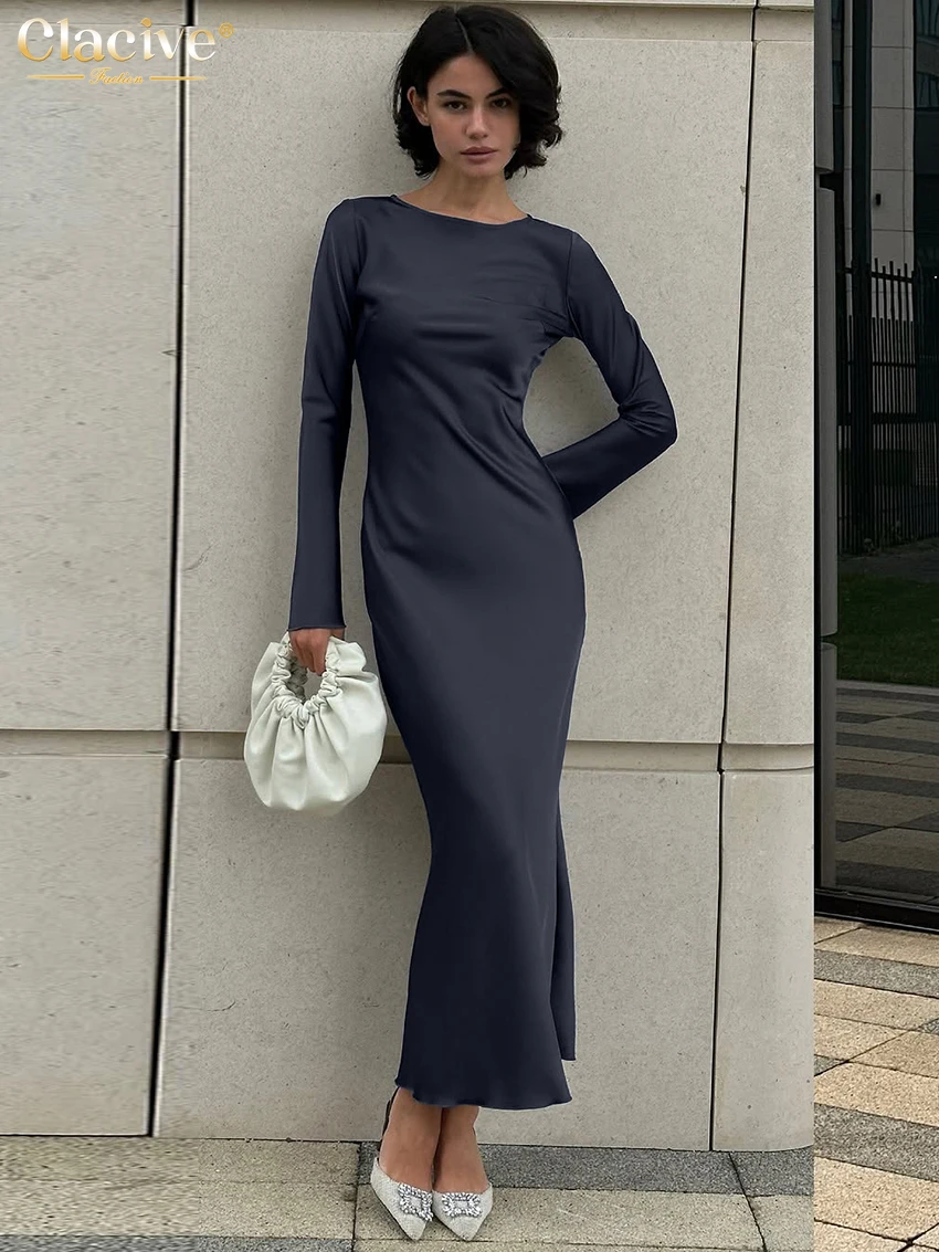 

Clacive Fashion Slim Blue Women's Dress 2025 Bodycon O-Neck Long Sleeve Ankle Length Dresses Elegant Classic Solid Feamle Dress