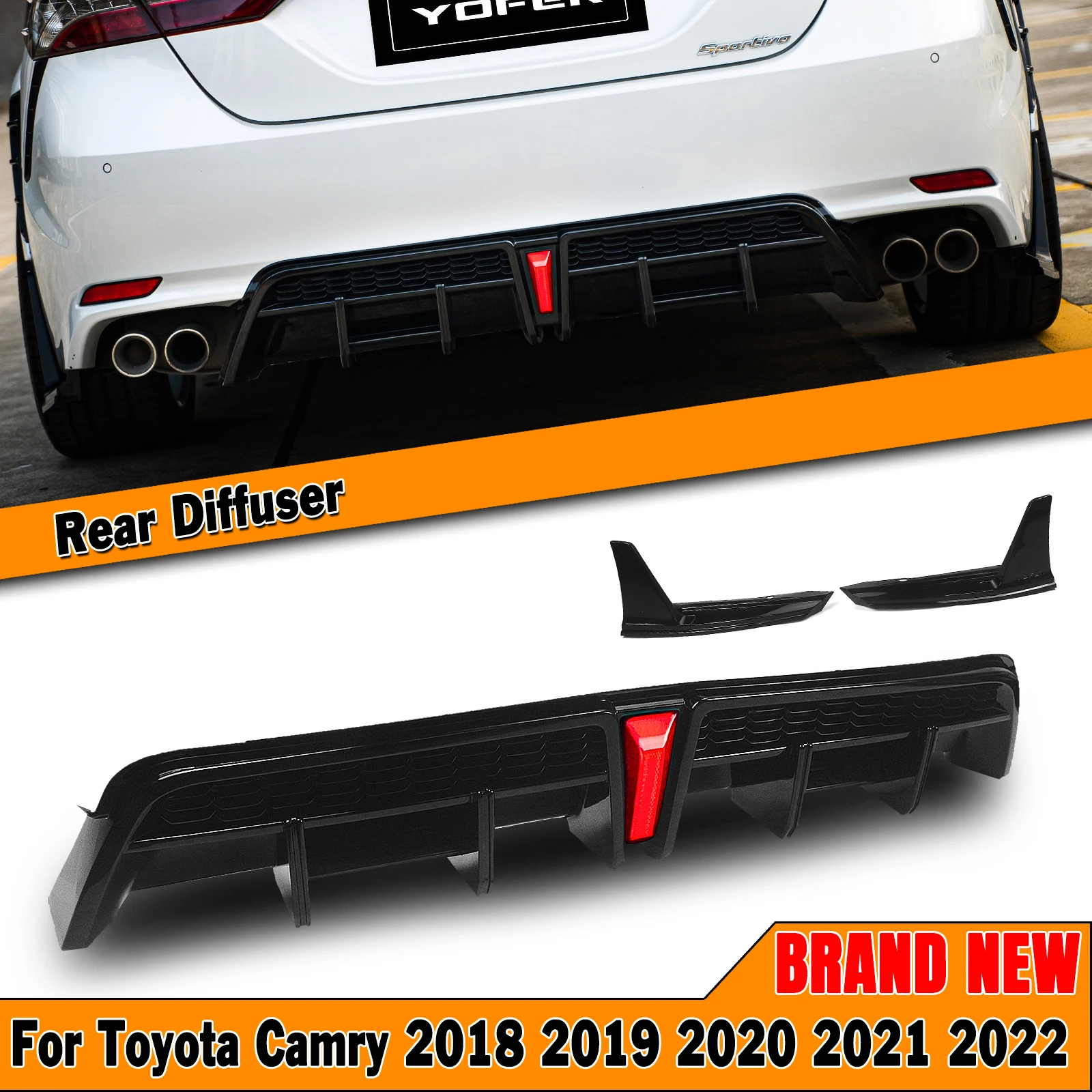 YOFER Gloss Black Rear Bumper Diffuser Lip Spoiler Plate W/ Pilot Lamp Light For Toyota Camry SE XSE Sport Model Only 2018-2024