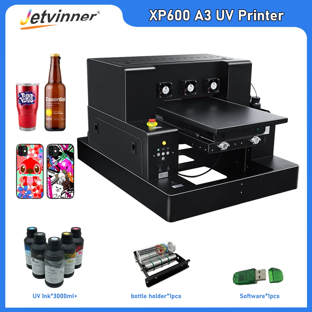 

A3 UV Printer Automatic UV Flatbed Printer For Epson XP600 Print head with Rotary For Bottle Phone Case Metal Acrylic Wood Glass