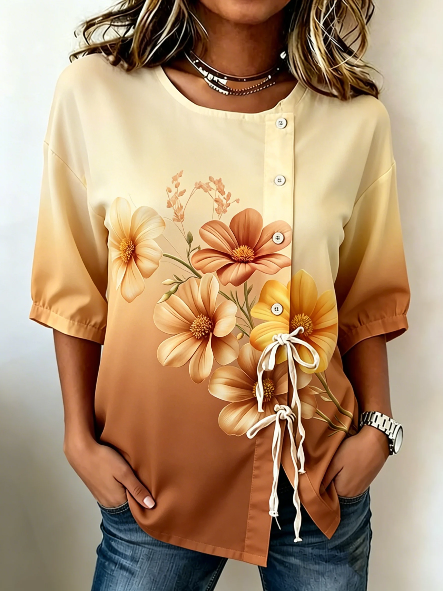 Women's Ombre Floral Print Drawstring Button Up Blouse, Casual Round Neck Tops for Spring Summer Daily Vacation Wear