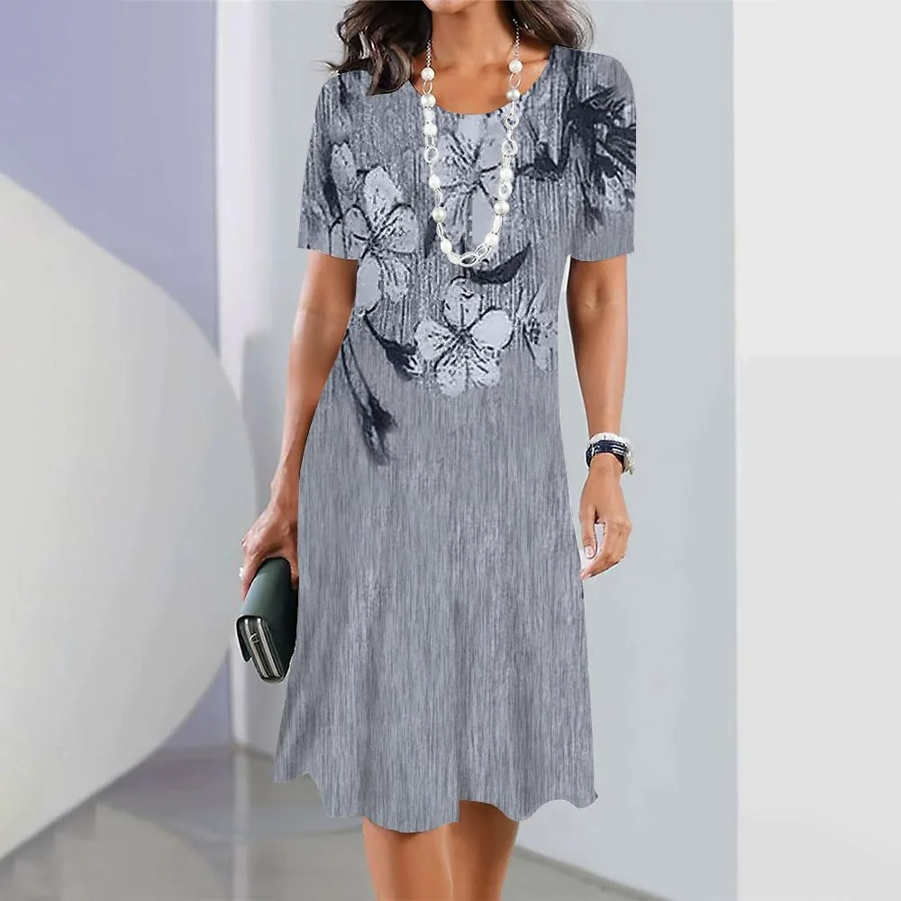 Women Elegant Flower Pattern Mini Dresses Short Sleeve 3d Flower Printed Street Fashion Ladies Dress 3XL Plus Size Loose Dress