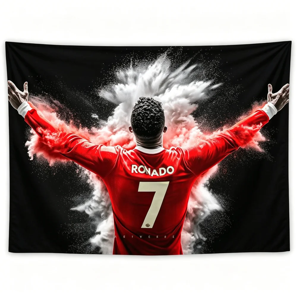 Red Jersey Number 7 Football Player Tapestry Black Background Wall Hanging for Sports Fan Room Decor
