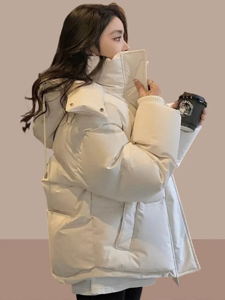 

Women's Cotton Jacket Winter Thickened Short Hooded Warm Outerwear Casual Versatile Loose Fit Commute Style Korean Version
