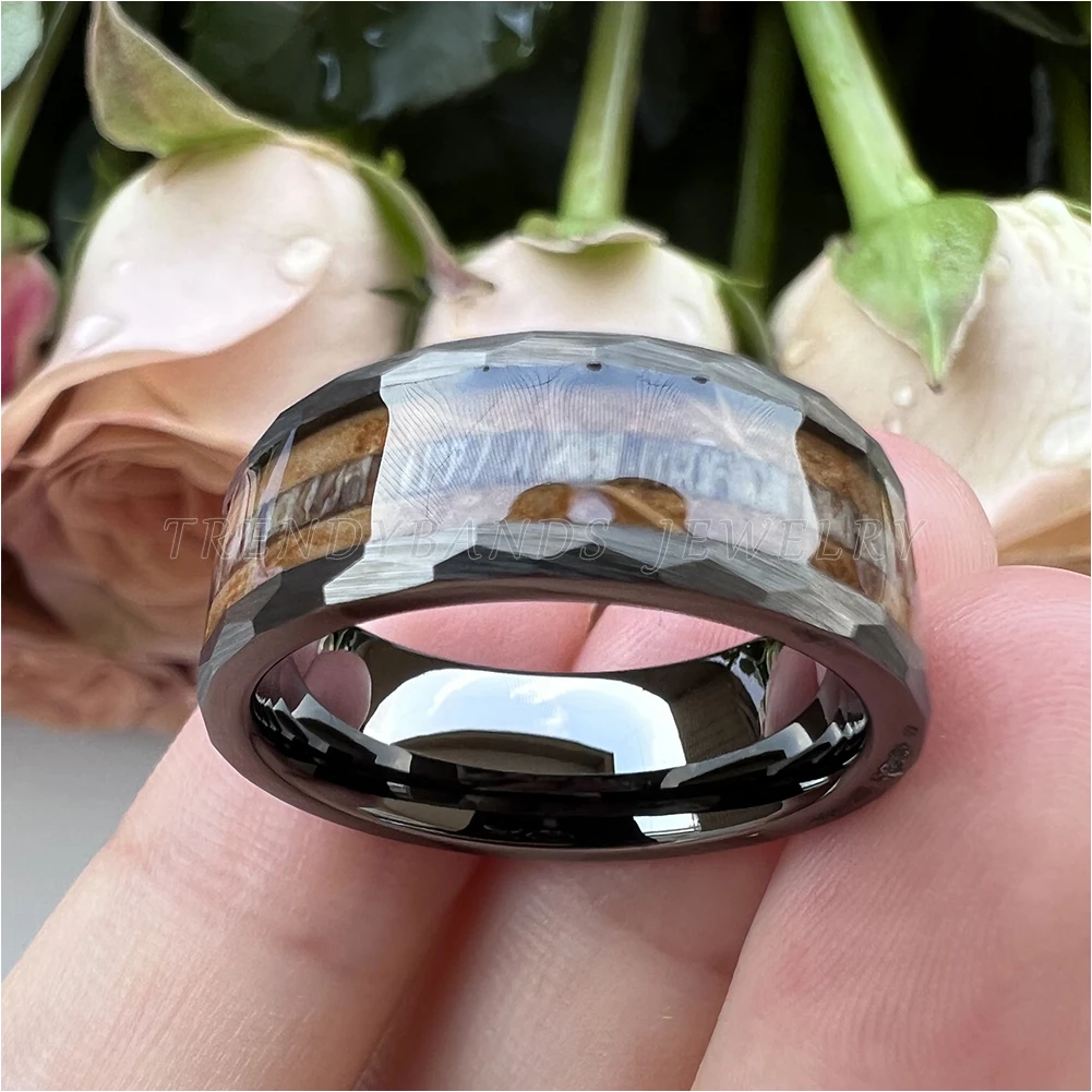 8mm Hammered Fashion Ring for Men Women Tungsten Carbide Engagement Jewelry Wedding Band Whisky Barrel Wood Inlay Brushed Shiny – Detail 6