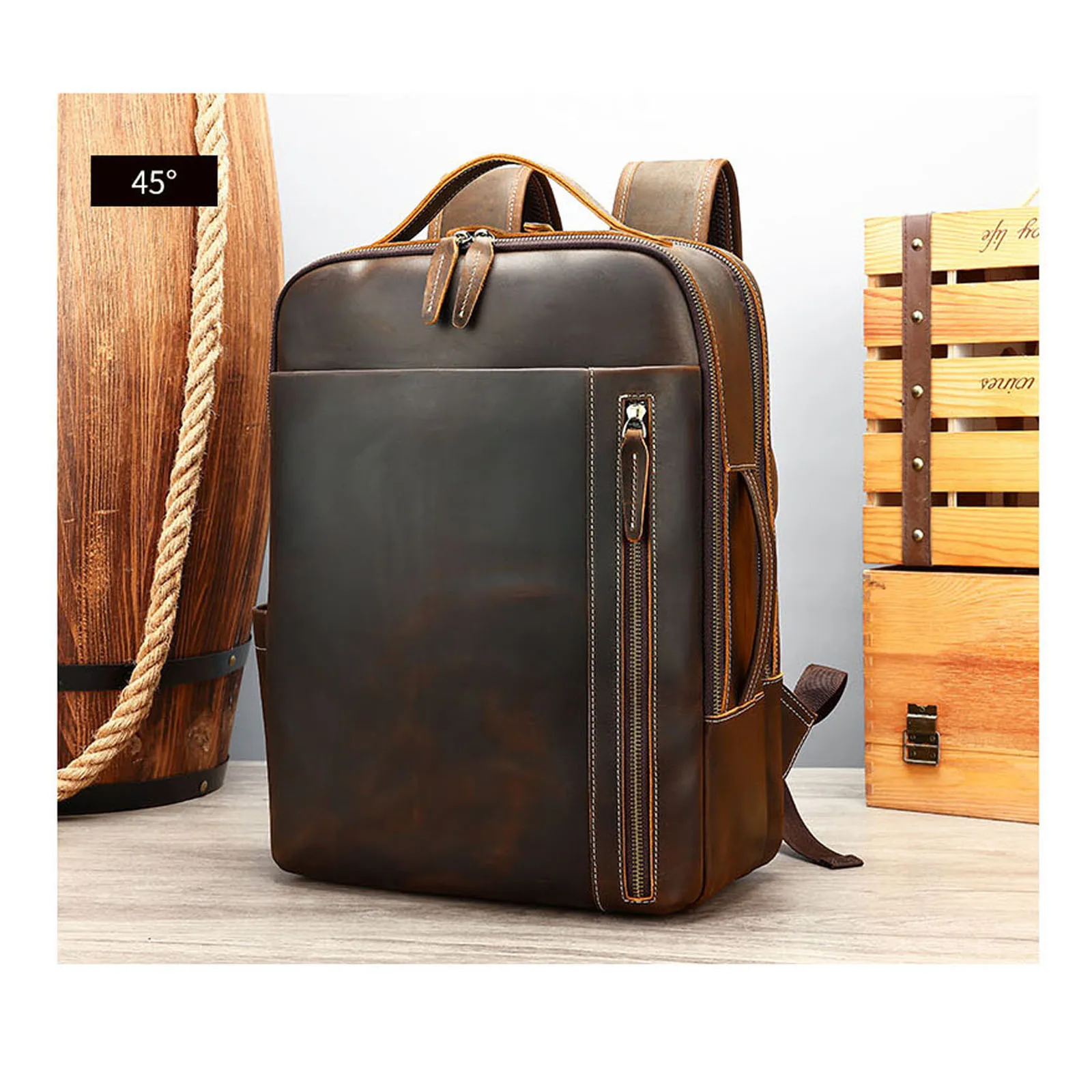 Real leather men's backpack, high-quality Crazy Horse leather business computer backpack, new casual men's bag, travel bag