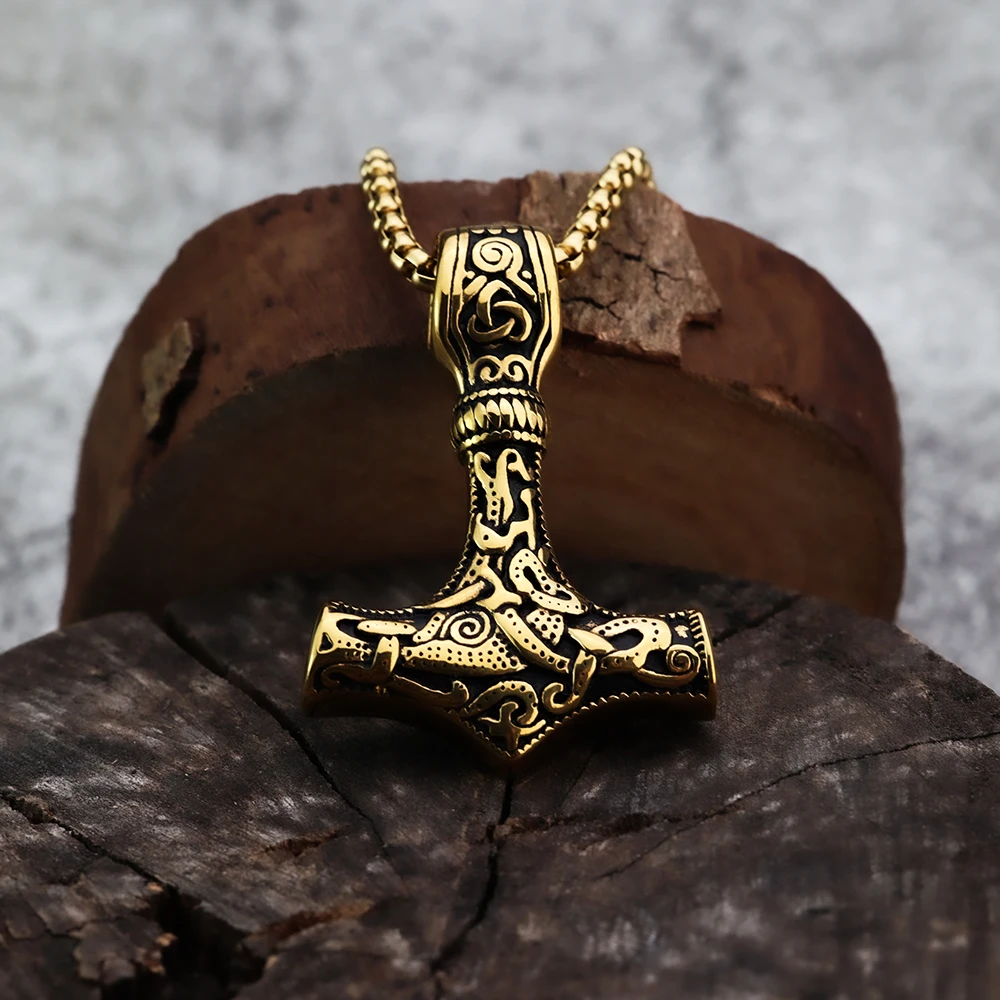 Nordic Viking Pirates Thor's Hammer Necklace Personality Dominant Men's European and American Vintage Carved Pendant