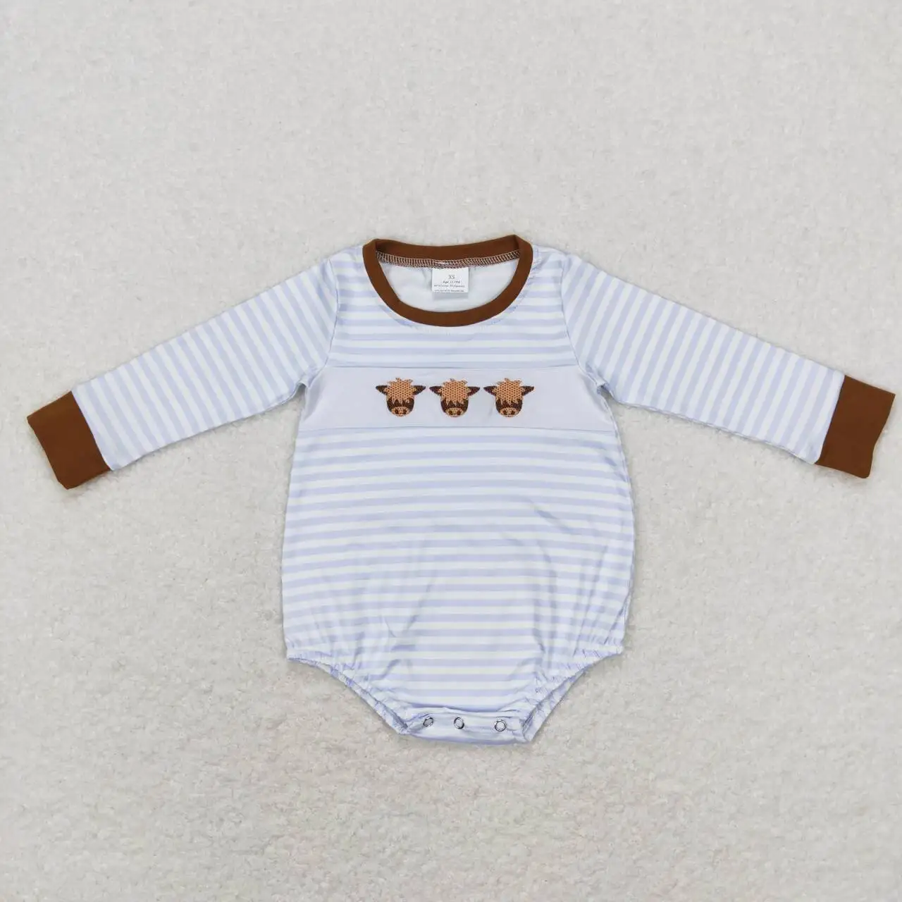 Wholesale baby kids clothes newborn toddler Embroidered bull head blue and white striped pantless leg long sleeve jumpsuit