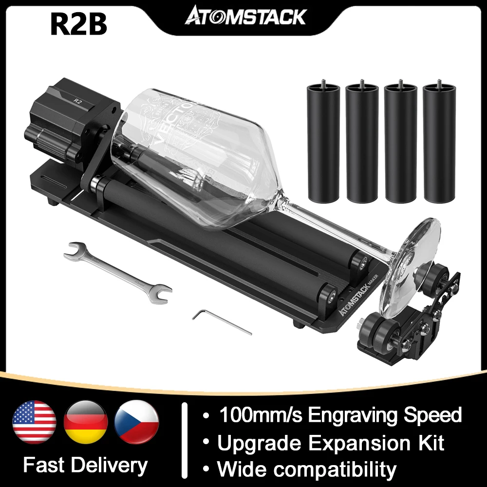 AtomStack Maker R2-B Rotary Roller Y-axis Rotary with 4pcs Risers Multi-gear Adjustment 360° Rotating for Cylindrical Object