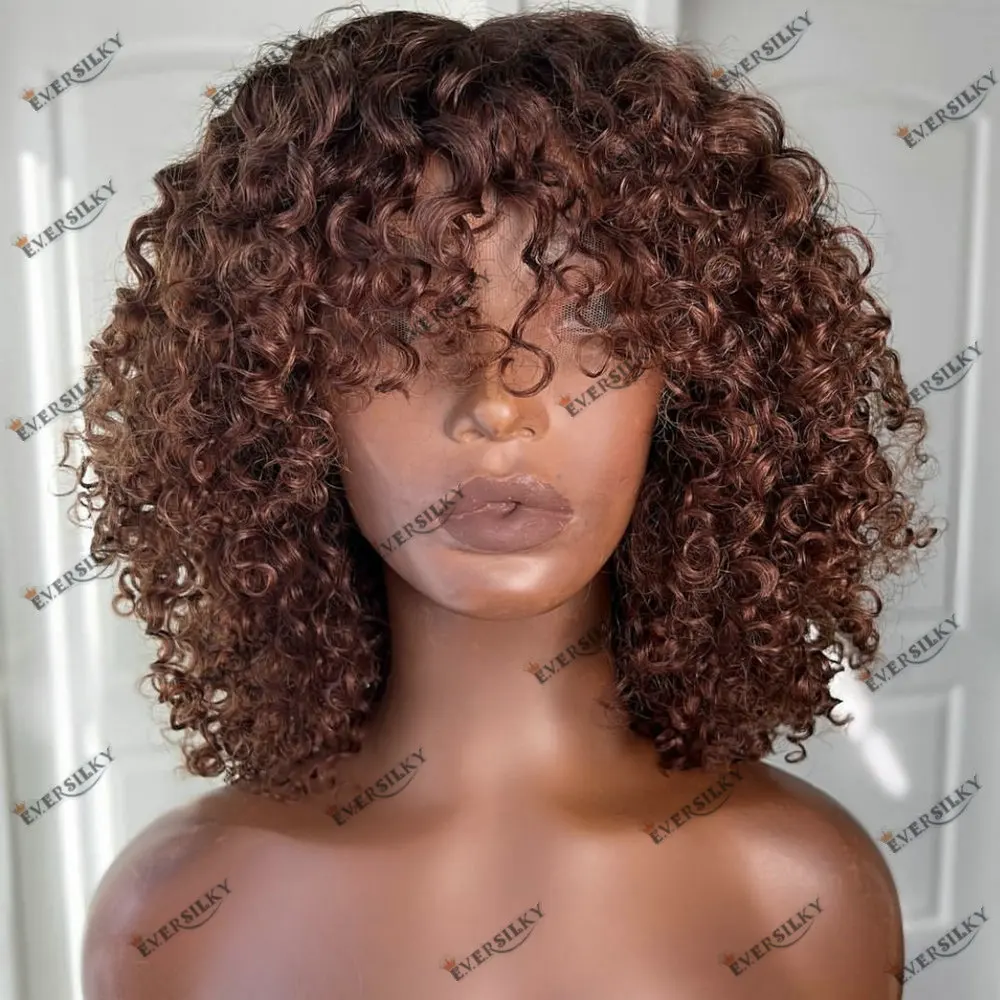 Kinky Curly 13x6 360 Lace Frontal Wig 100% Remy Human Hair Chestnut Brown With Bangs Glueless Full Lace Wig for Black Women