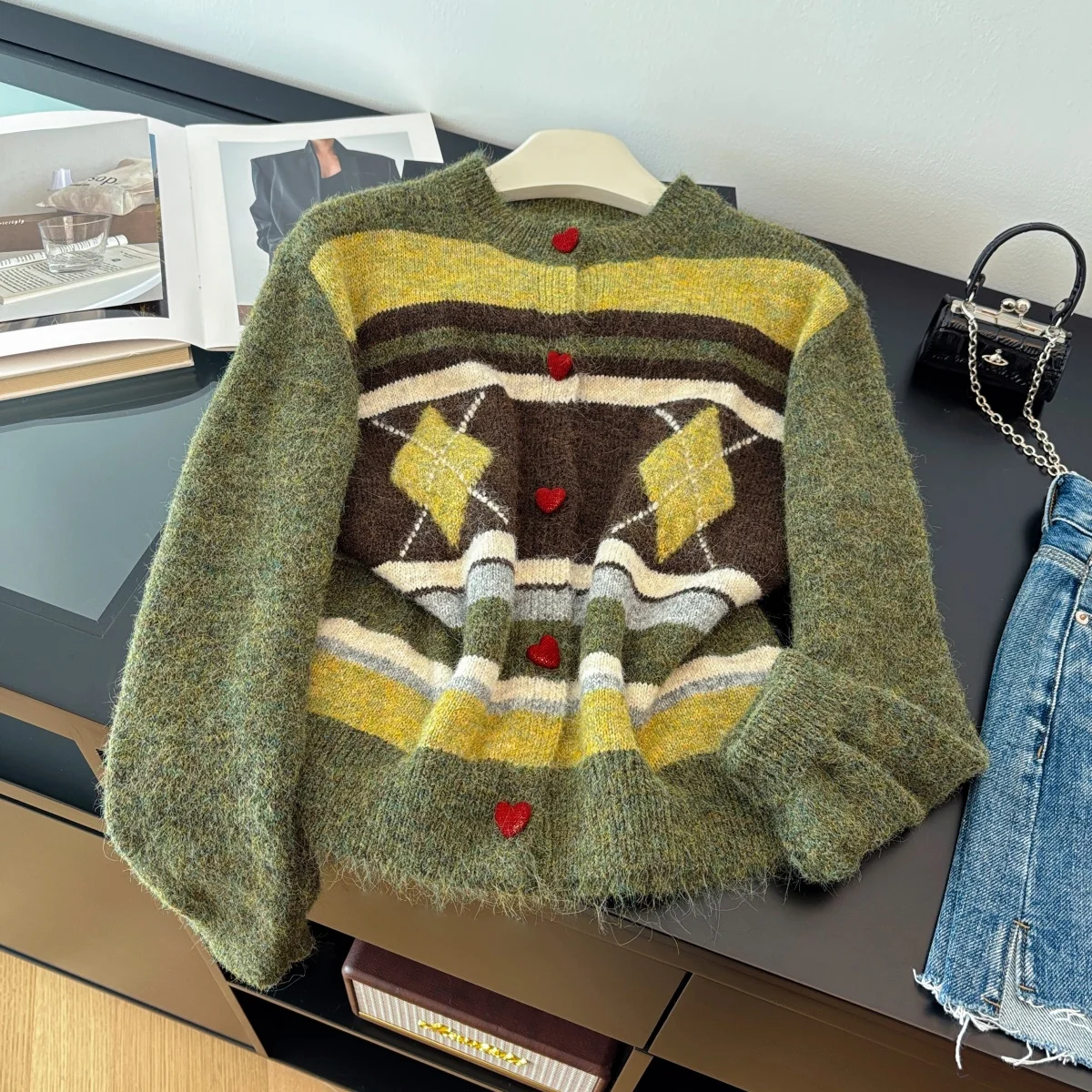 

Women's Green Striped Cardigan Sweater Vintage Jumper Knit Long Sleeves Cashmere Sweater For Women Autumn Winter 2000s Clothes