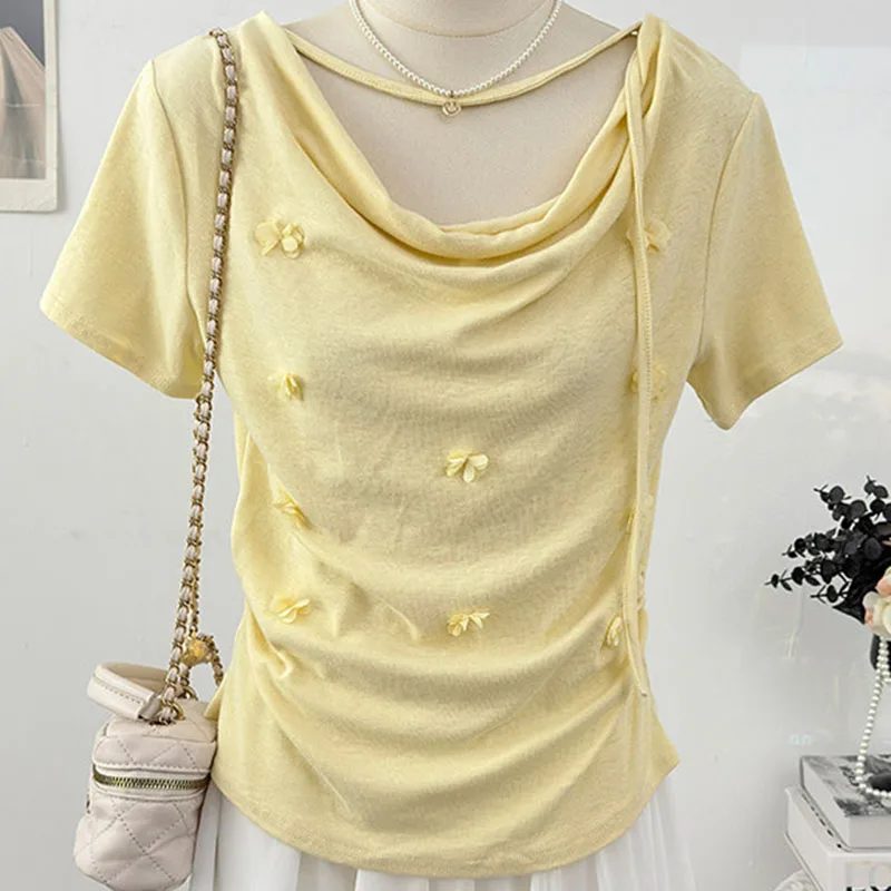 Women Short Sleeve T-shirt Three-dimensional Flower Decoration Swing Collar Design Waist Pleated Slim Daily Casual Versatile Top