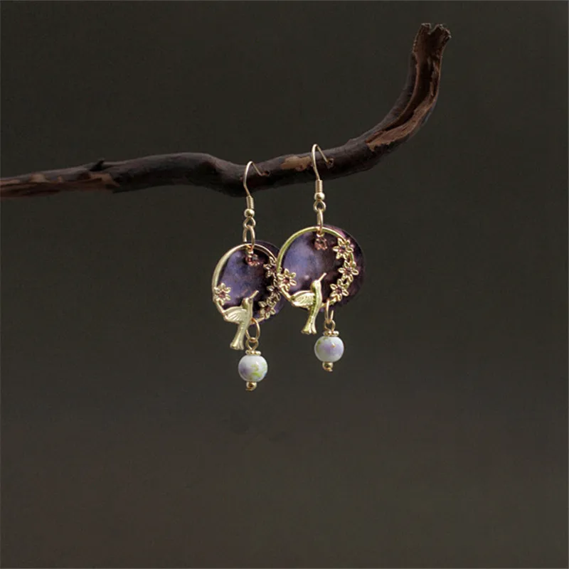 Kshmir New fashion pendant female Earrings Flower bird purple shell Pearl Earrings Jewelry jewelry girl\'s gift