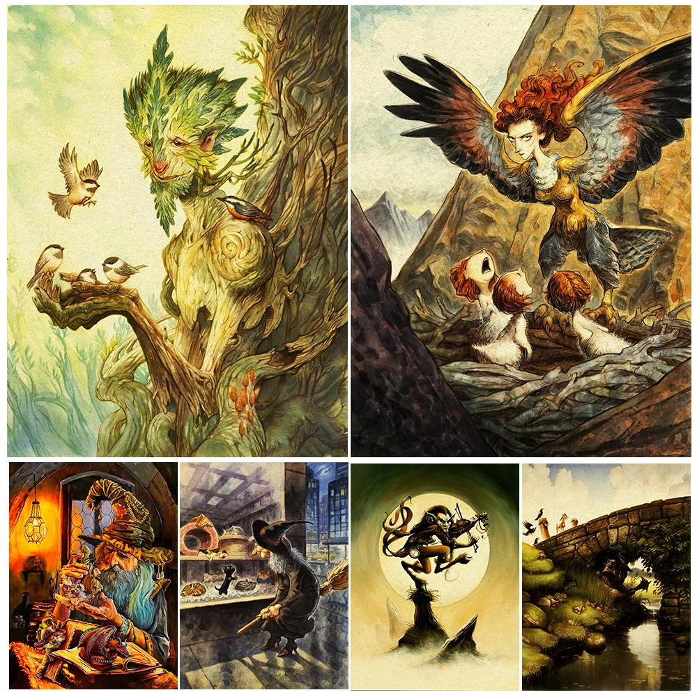 

Wizards And Dwarves Vintage Wall Art Canvas Painting The Green Man & Eagle Monster Family Art Poster Print Home Decor Unframed