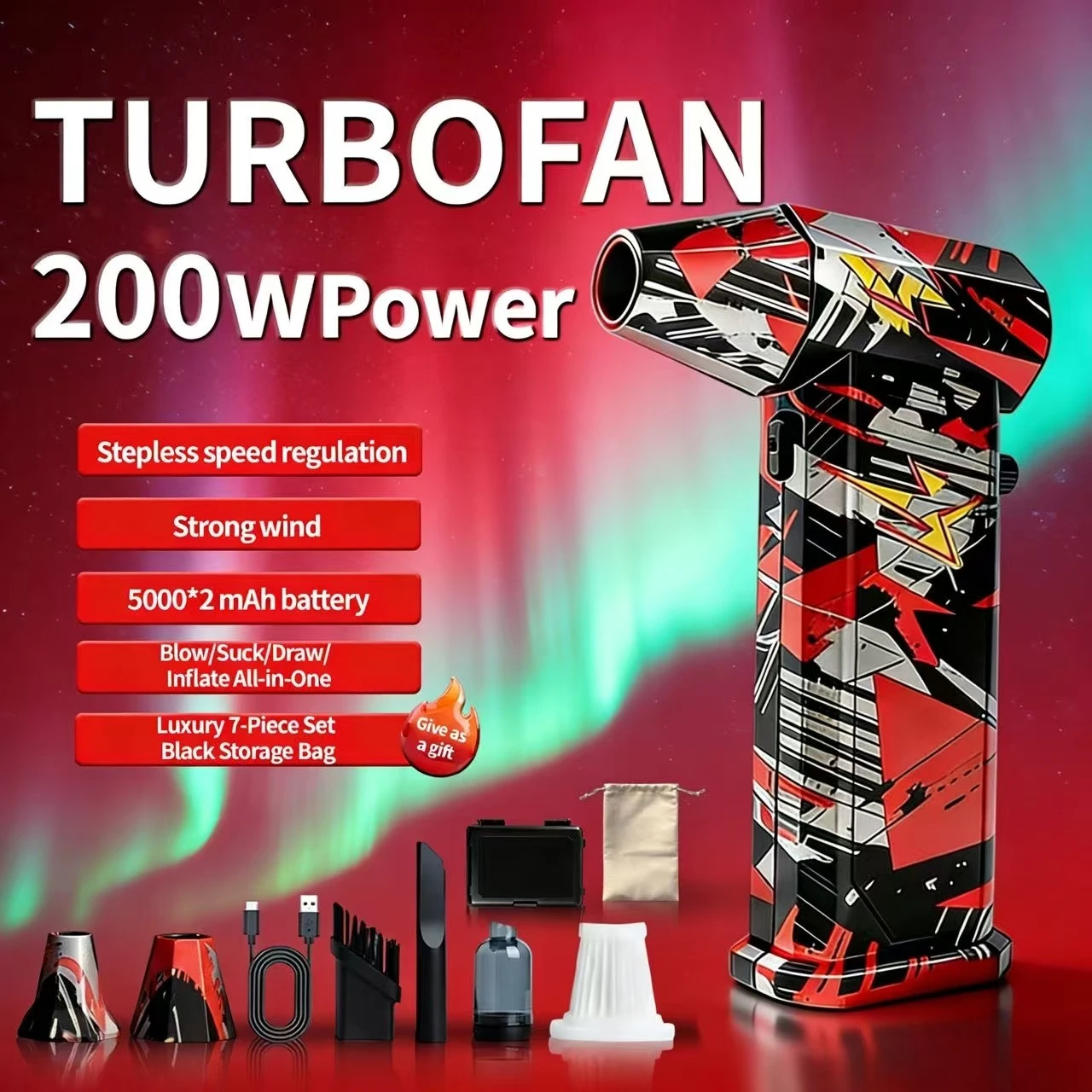 

Бесщеточный вакуумный вентилятор Silver-Black-Red X9, 300000 об/мин, 75 м/с, турбоструйный вентилятор + пистолет для мойки автомобиля + пылесборник