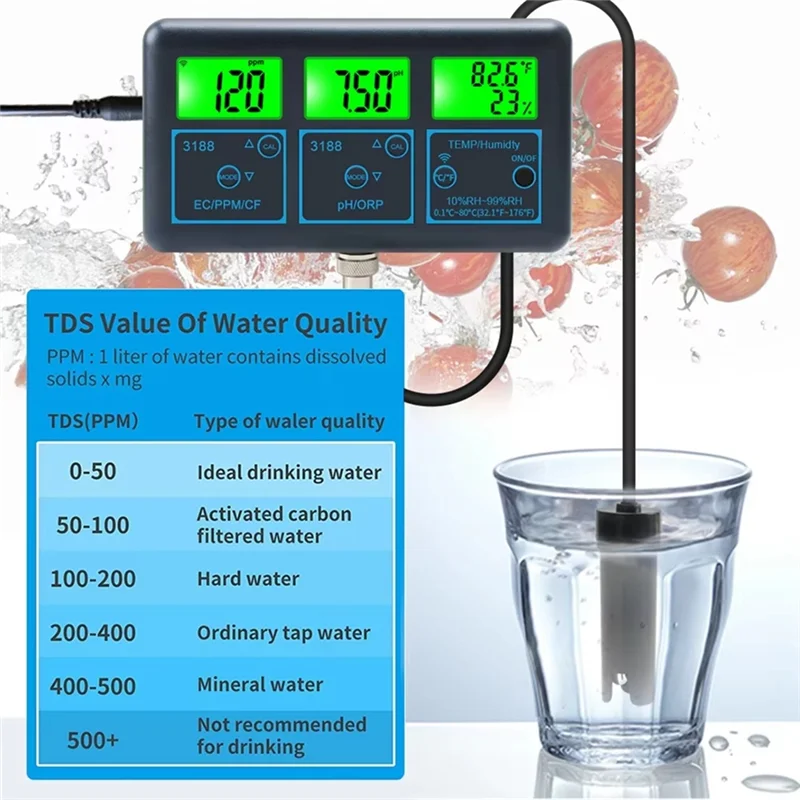 ABMF-Tuya Wifi 7 In1 Water Quality Tester Multi-Parameter Water Analyzer PH/ORP/EC/PPM/CF/Humidity/TEMP Monitor Meter US Plug
