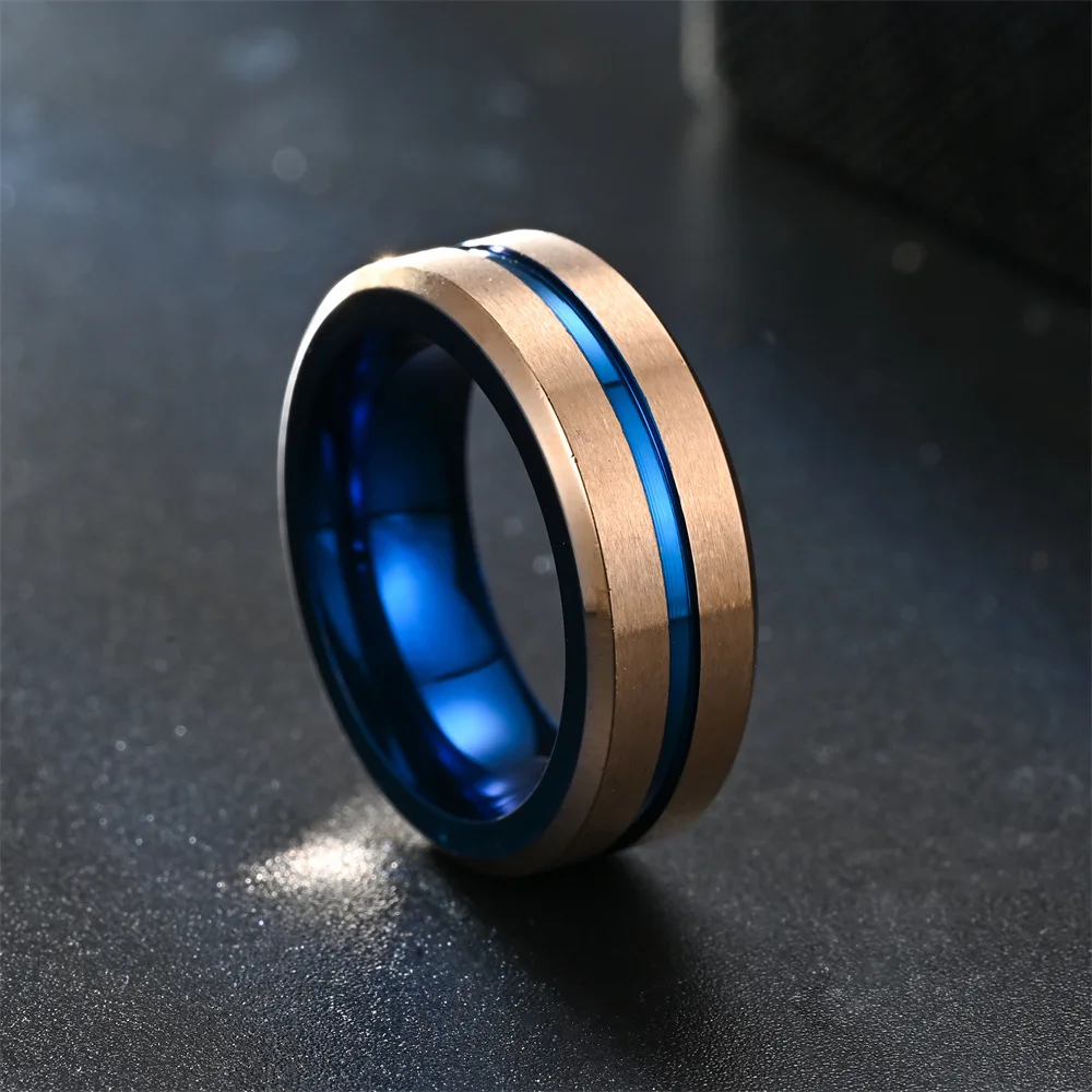 Fashion 8mm Rose Gold Color Stainless Steel Rings For Men Blue Groove Beveled Edge Promise Ring High Polish Wedding Band Jewelry