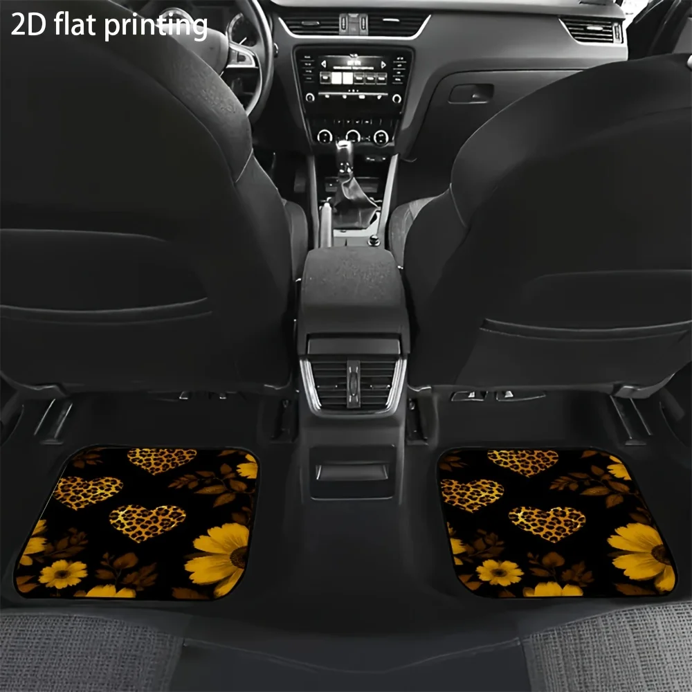 Set Of 4 Heart-Shaped Car Mats With A Leopard Print And Floral Design For Valentine'S Day, Made To Last And Easy To Maintain, Co