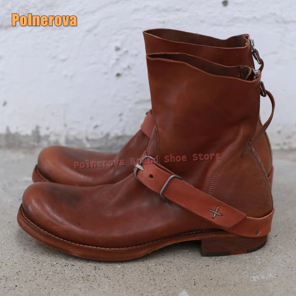 

Коричневые ботильоны с пряжкой в стиле ретро, мужские рыцарские ботинки с круглым носком и квадратным каблуком, молния сзади, лоскутные мужские рыцарские ботинки, осень 2022, новые поступления, обувь