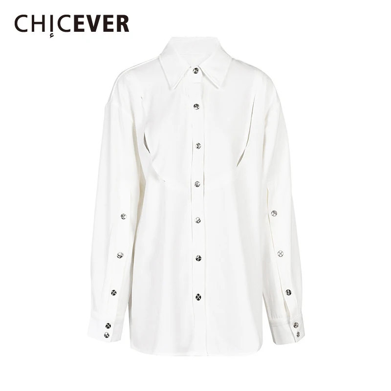 CHICEVER Solid Hollow Out Blouses For Women Lapel Lomg Sleeve Patchwork Single Breasted Design Casual Shirts Female Clothing New