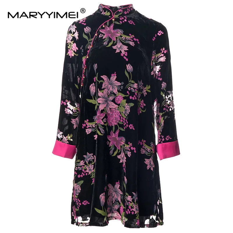 

MARYYIMEI New Fashion Runway Designer Women's Stand Collar Splicing Long Sleeve Chinese Style Print Loose MIDI Temperament Dress