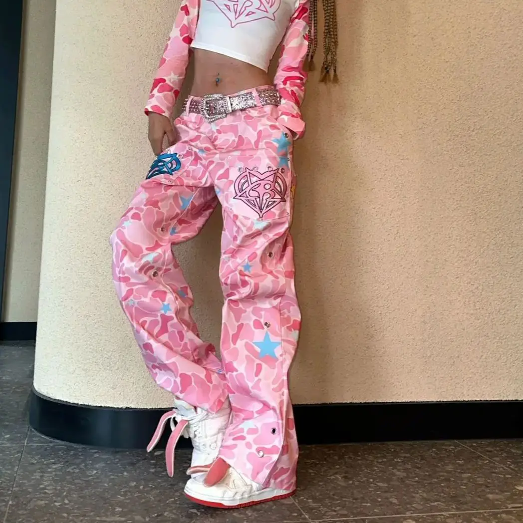 

Camouflage Embroidered Straight Jeans Heavy Industry Pink Female Design Sense Niche Spice Hip-Hop Fried Street Wide-Leg Pants