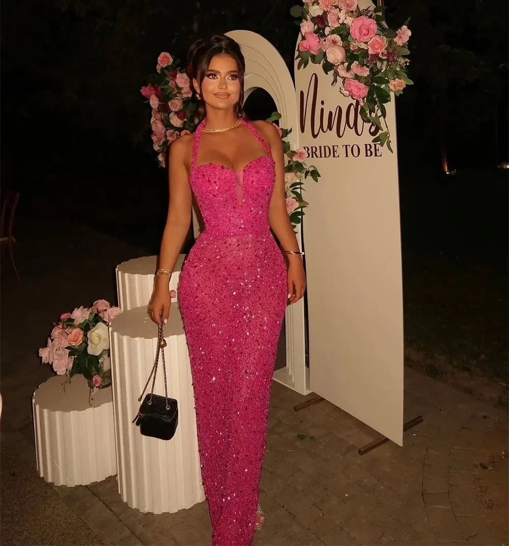 

Pink Halter Sequins Long Bespoke Occasion Gown Evening Dresses Prom Pastrol Unisex Jersey Retro Dubai Saudi Arabic Customized