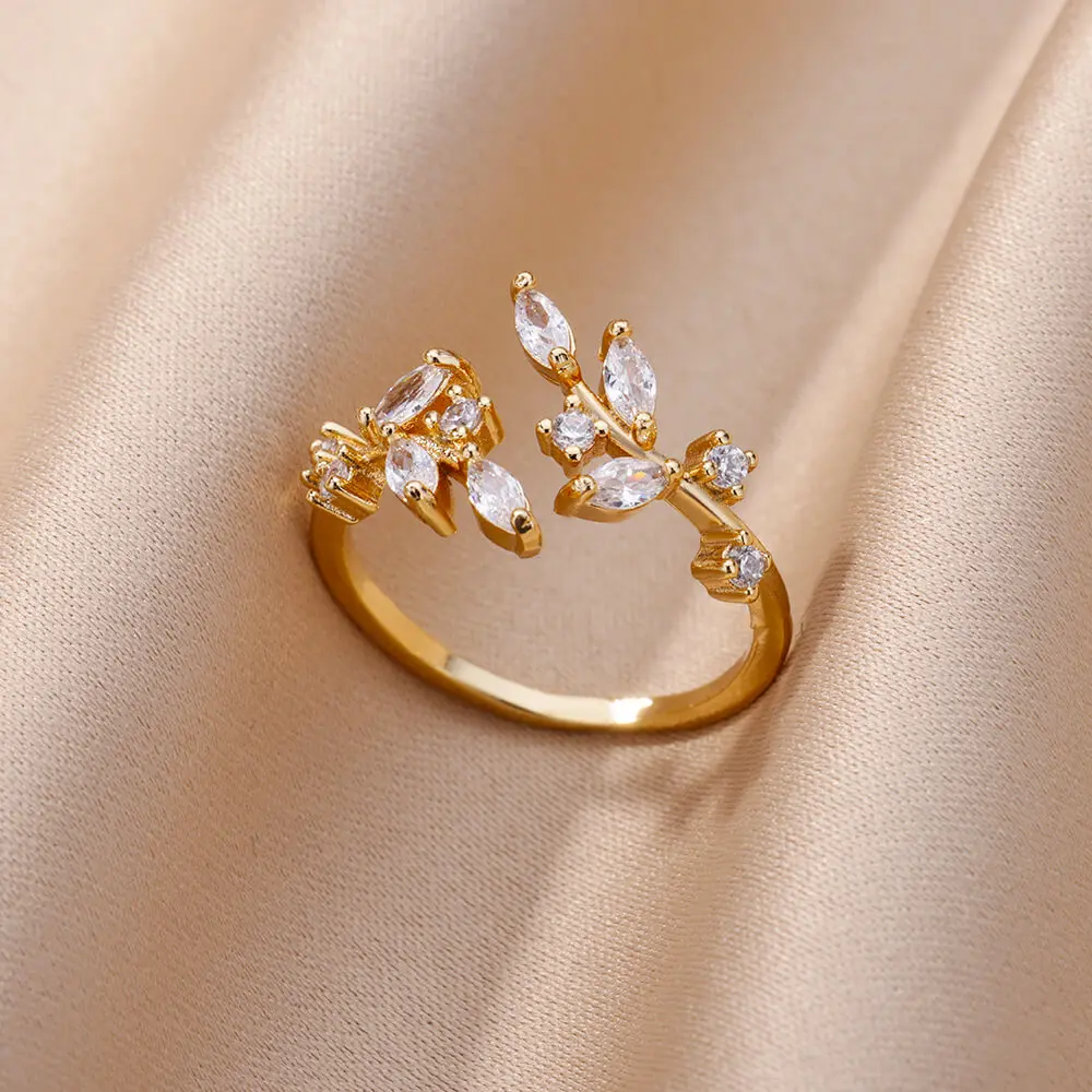 

White Zircon Leaf Open Rings For Women Gold Color Stainless Steel Ring Wedding Jewelry Vintage Valentine's Day Gift anillos
