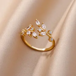 White Zircon Leaf Open Rings For Women Gold Color Stainless Steel Ring Wedding Jewelry Vintage Valentine's Day Gift anillos