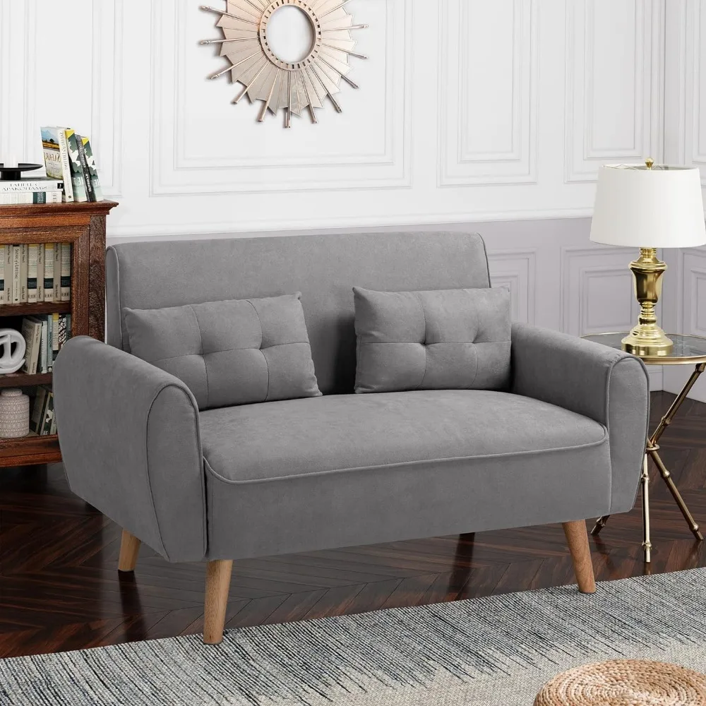 Loveseat-sofá pequeño y moderno, tapizado de tela de mediados de siglo, 2 asientos, color gris claro, montaje sin herramientas