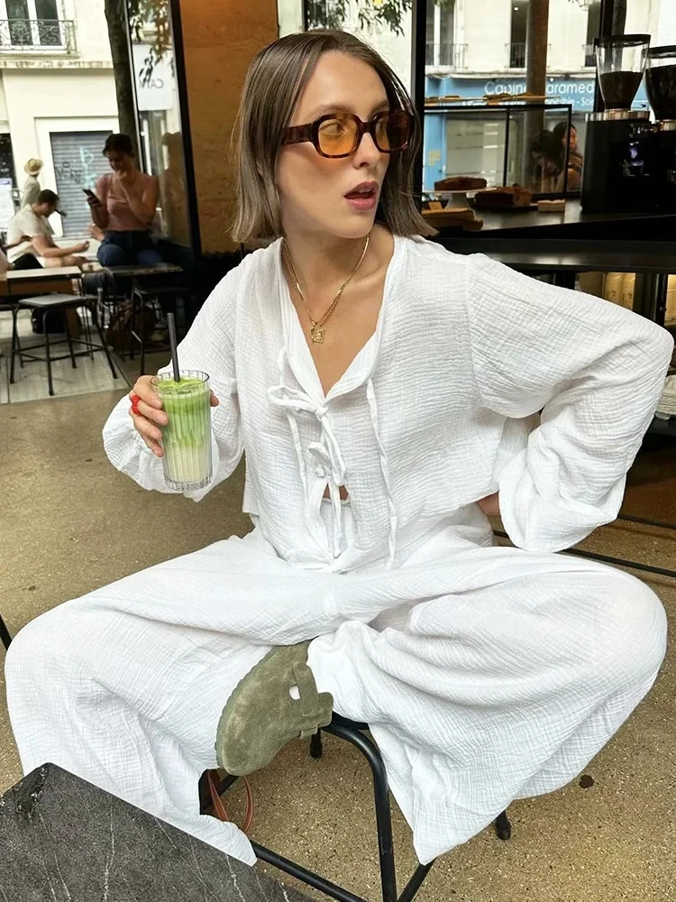 White Casual 2 Pcs Cotton Long Sleeve Cardigan Wide Leg Pants Set Pajamas for Women Outfits Loose Spring Summer Beach Set Suit