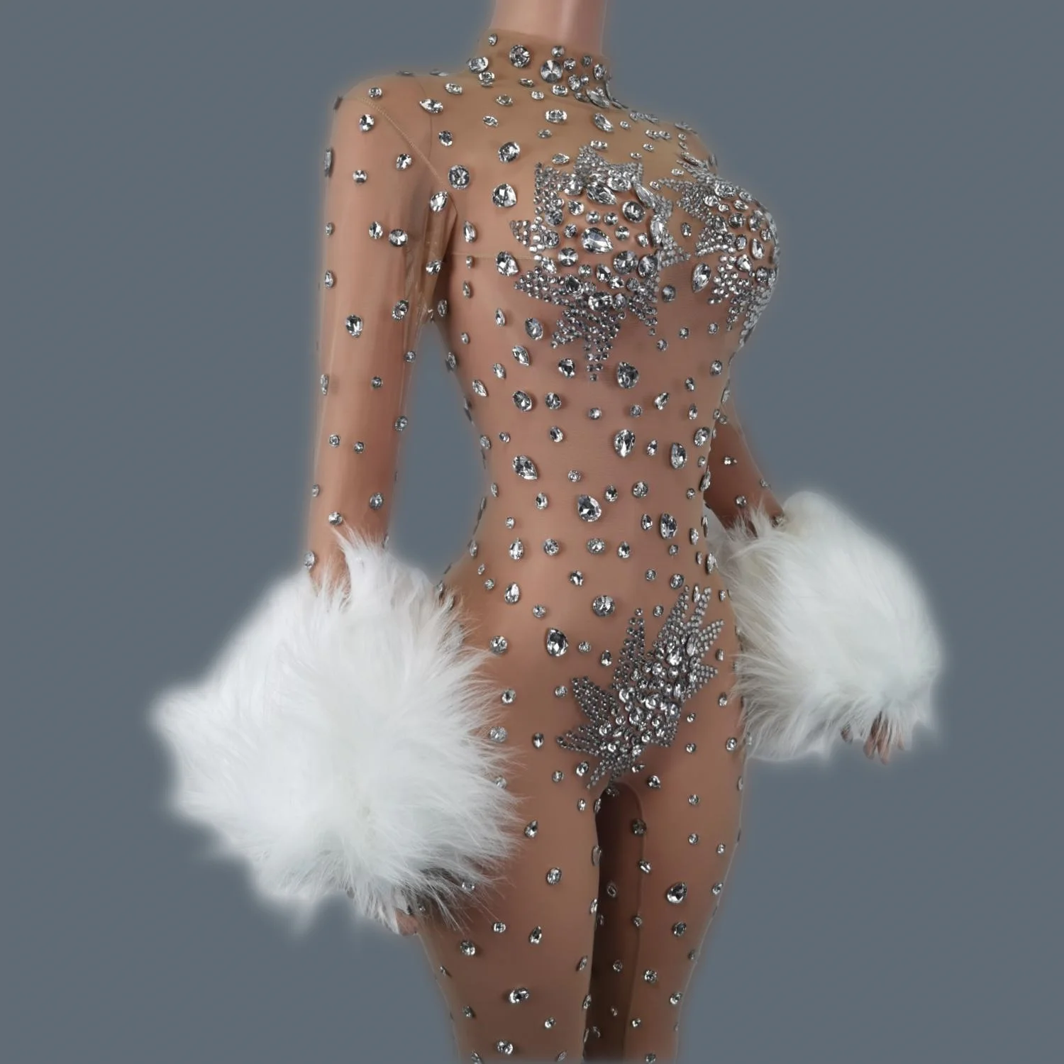

Luxury Sparkly Crystals Feather Long Sleeve Jumpsuit Sexy Bodycon Bodysuit Club Event Stage Show Dress Hot Girls Jumpsuit Guibin
