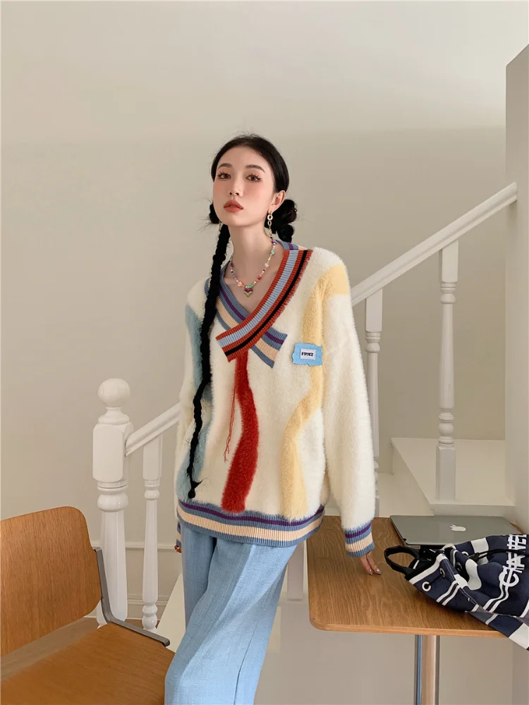 Y2k Clothes Stripe Tassel Cross Collar Loose Wild Ins Mohair Hair Knitwears V Neck Sweater Contrast Color Pull Femme Hiver 2022