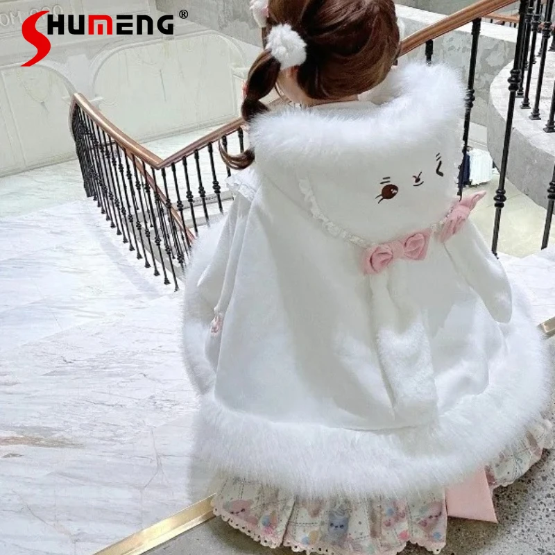 

Japanese Lolita Cloak Shawl Fleece Thickened Rojita Sweet Cute New Year Cloaks Christmas Kawaii Single-breasted Ponchos Ladies