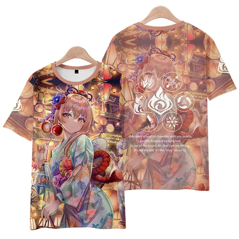 T-shirt motif 3D Genshin Game Anime Fashion Atasan lengan pendek wanita pria T-shirt motif Harajuku anak laki-laki perempuan musim panas Y2k