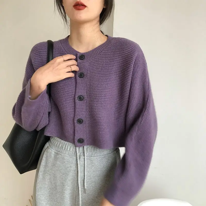 

Korean Round Neck Sweaters Female Clothing Solid Color Loose Short Casual Autumn Winter Commute Single-breasted Knitted Cardigan