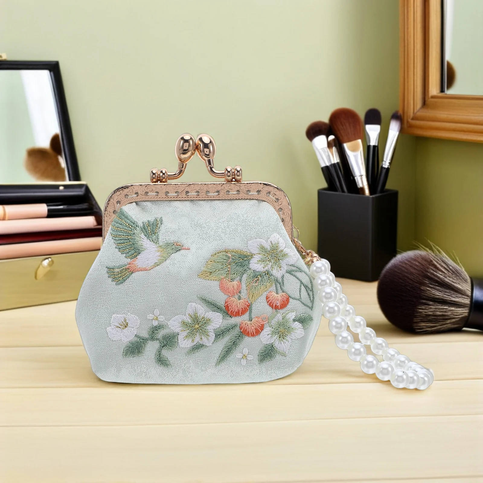 

Embroidered Purse Chinese Traditional Flower Embroidery Double Clasp Closure Mini Wallet Cute Change Purse Small Makeup Bag