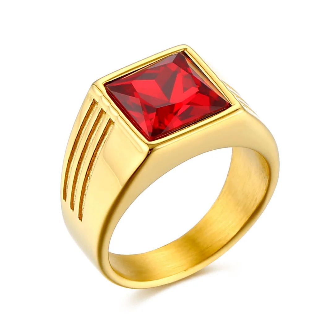 Hip Hop Luxury Red Crystal CZ Big Square Men's Ring 13mm Gold Silver Color Stainless Steel Rings for Man Jewelry Dropshipping