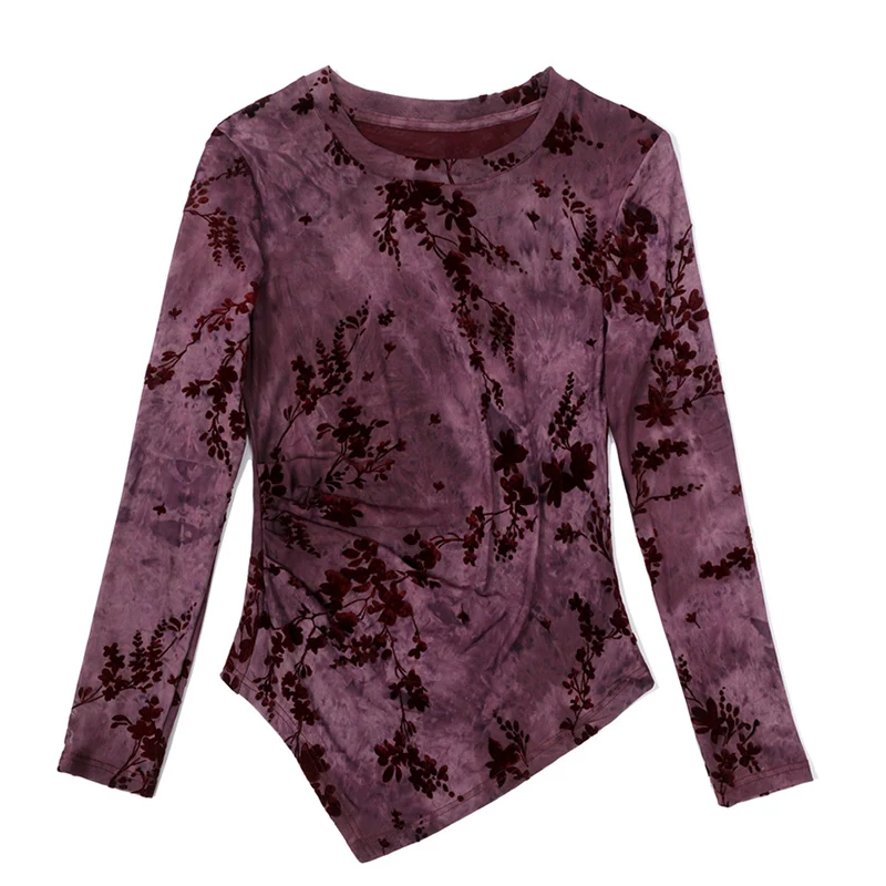 New 2025 Spring Long Sleeved O-Neck Flocking Women's T-Shirt Elegant Slim Irregular Printed Base shirt M-3XL Mesh Tees Tops