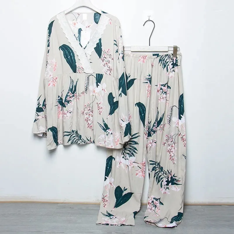 Plus Size 7XL 150kg Women Pajamas Sets Women Floral Long Sleeve Tops And Pants Sleepwear Suit Home Wear Femme Pajamas Set