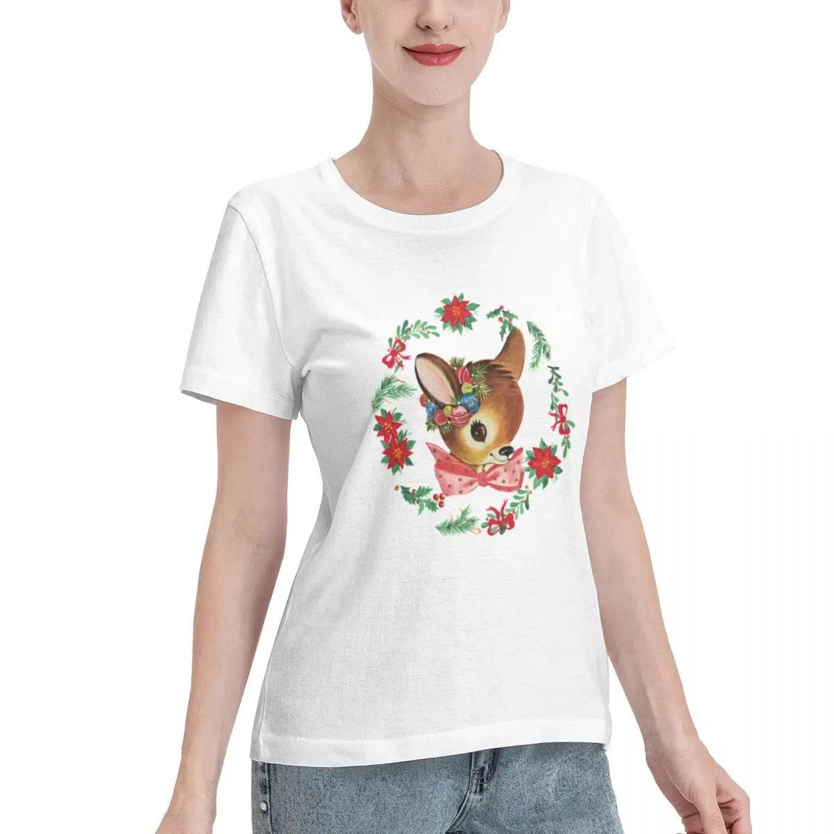 Popular On Social Vintage Style Reindeer Women's T-shirt Date Outfit Spring Autumn Top