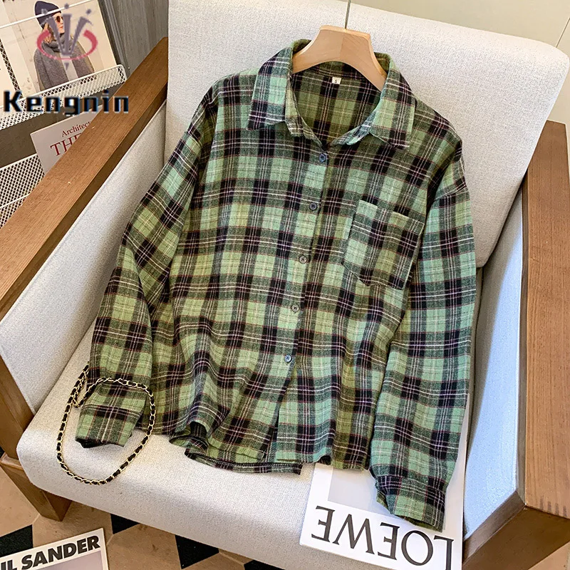 

Женская блузка в клетку, Повседневная Свободная офисная рубашка Зеленого Цвета в Корейском стиле, одежда для работы, KN615, весна-лето 2024