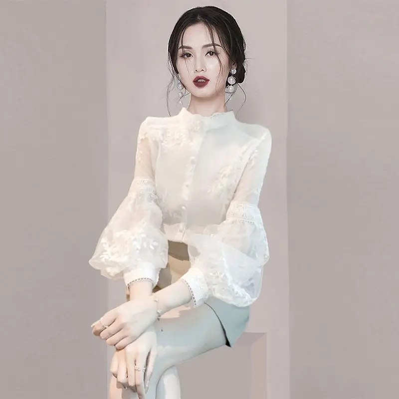 Elegant Stand Collar Gauze Embroidery Puff Sleeve Shirts Women\'s Clothing 2024 Summer New Loose Korean Tops Office Lady Blouses