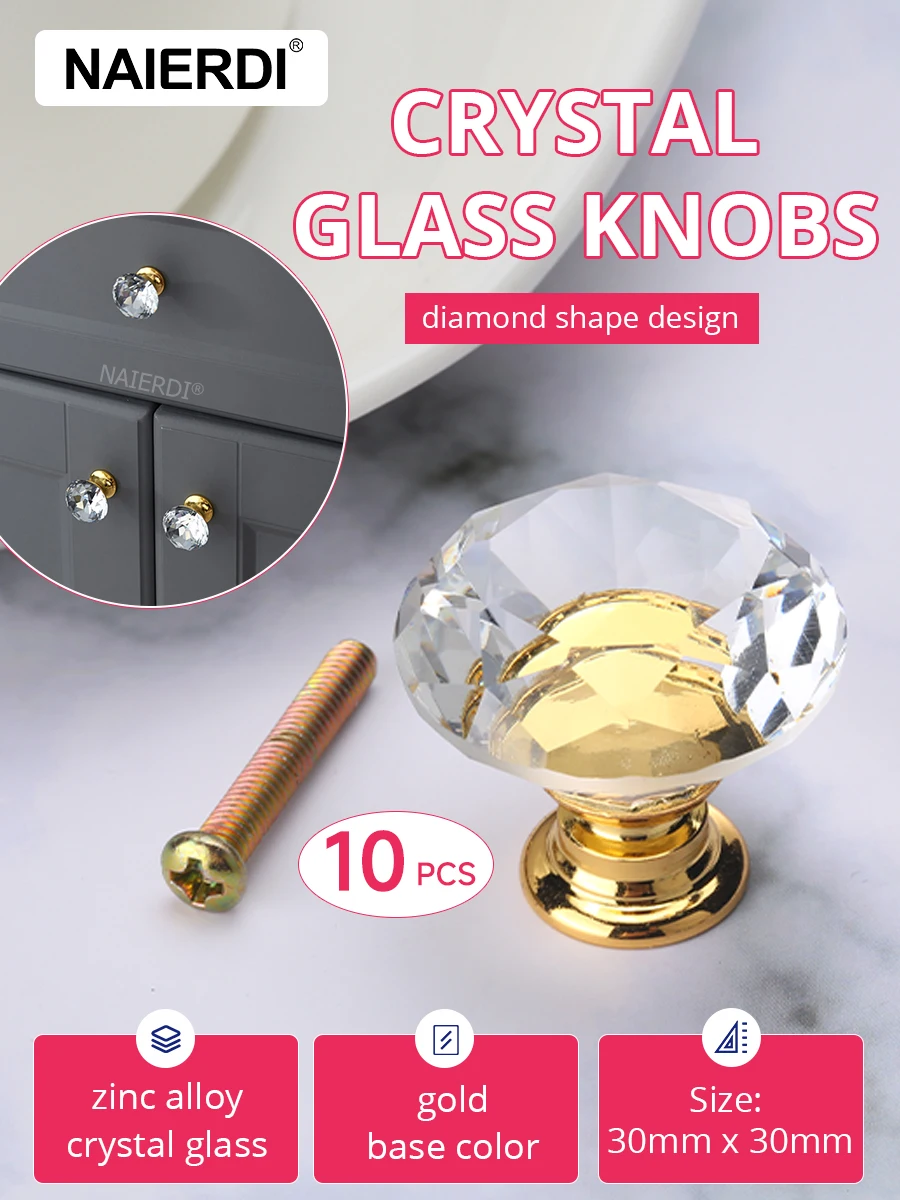 

NAIERDI 10PCS 30mm Diamond Shape Drawer Knobs Gold Crystal Glass Cupboard Drawer Pull Kitchen Cabinet Handles